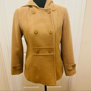 Tan Wool Blend Pea Coat with Hood & Pockets